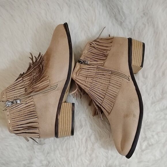 Womens Size 38  / 7.5 Ankle Boots With Fringe Brown Side Zip Block Heel - Picture 6 of 7